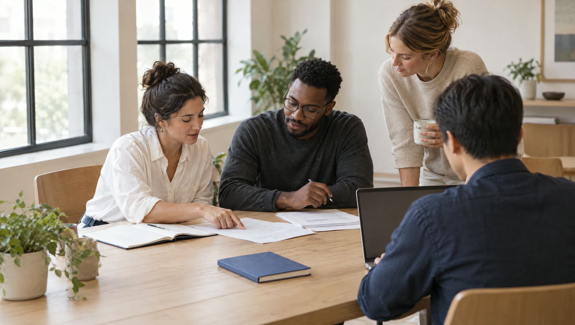 Illustrative photograph: four people work around a wooden table in a bright office; two review a printed document, one listens holding a mug, and the fourth works on a laptop.