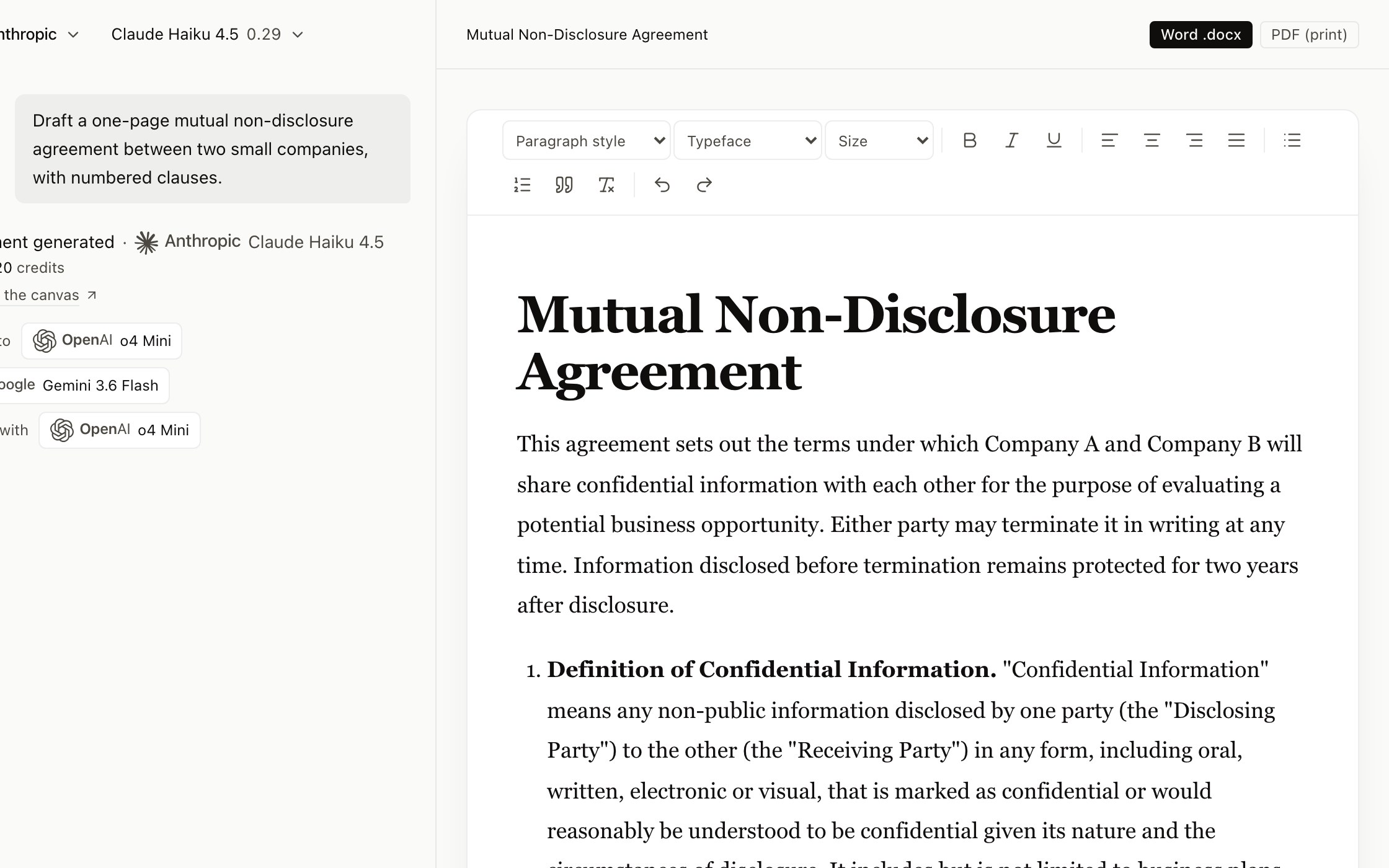 A report open in the SwitchMyAI editor, with its toolbar and the Word, PDF and PowerPoint export buttons