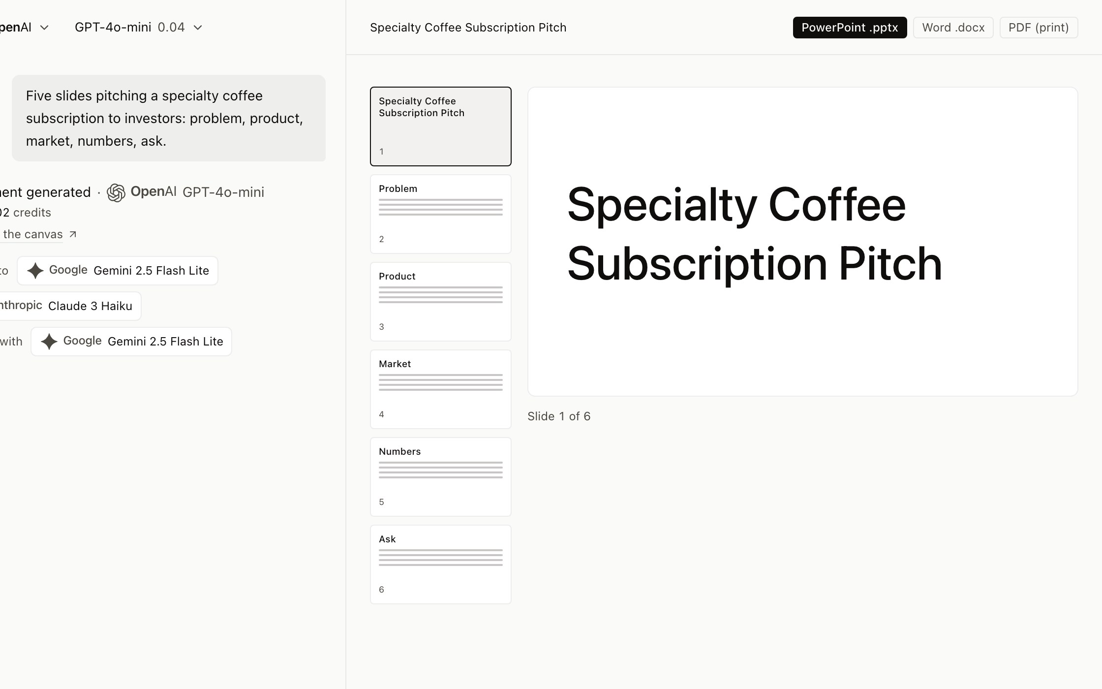 A slide deck generated on the canvas, one slide per section