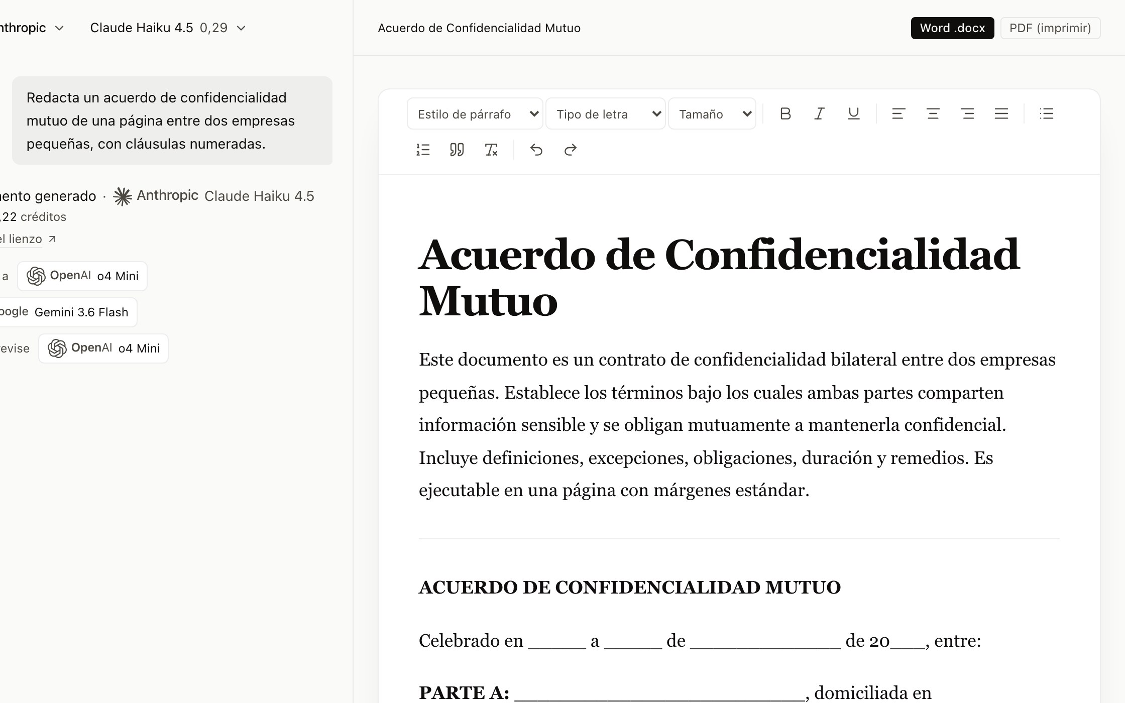 Un informe abierto en el editor de SwitchMyAI, con su barra y los botones de exportar a Word, PDF y PowerPoint