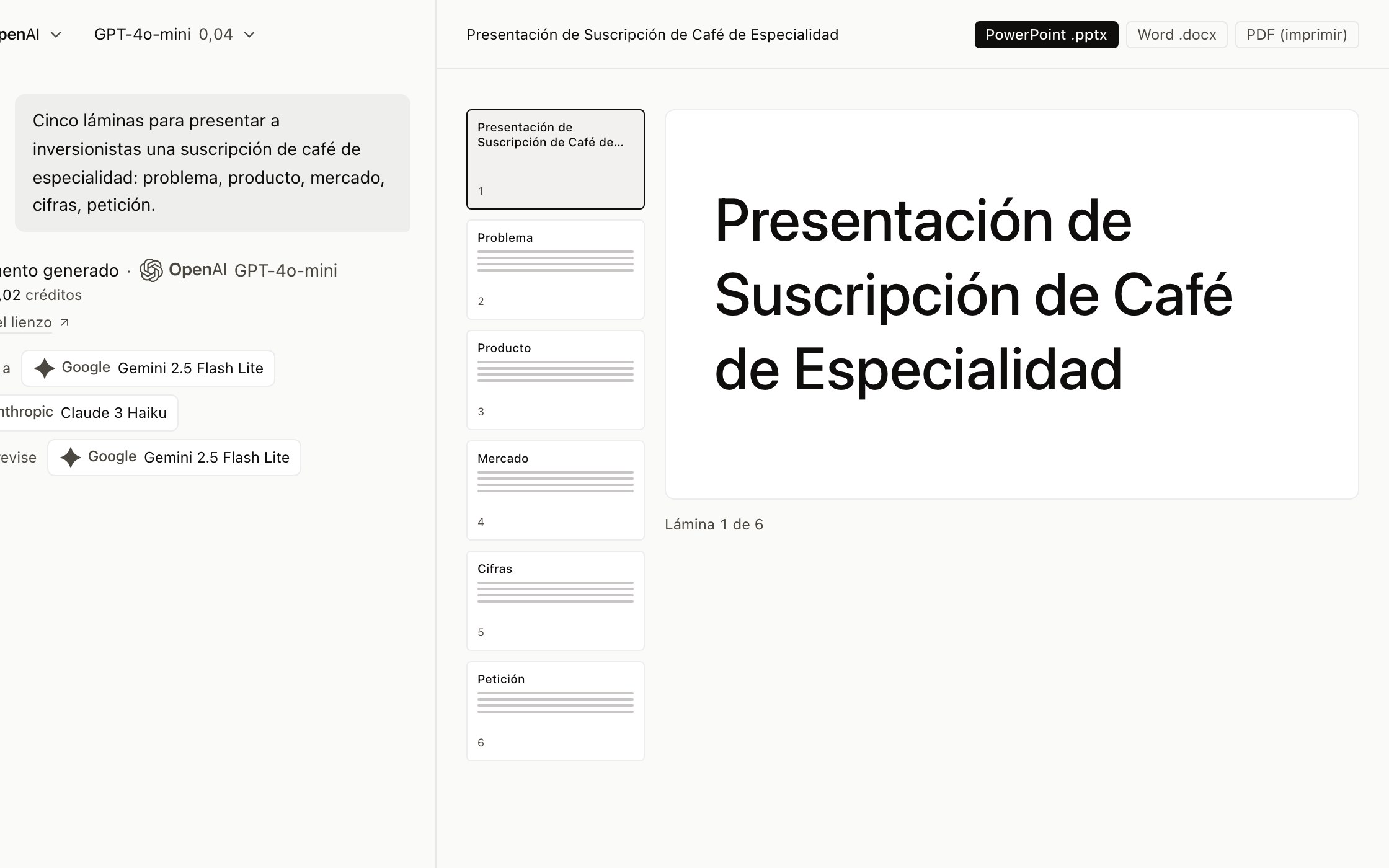 Una presentación generada en el lienzo, una lámina por apartado
